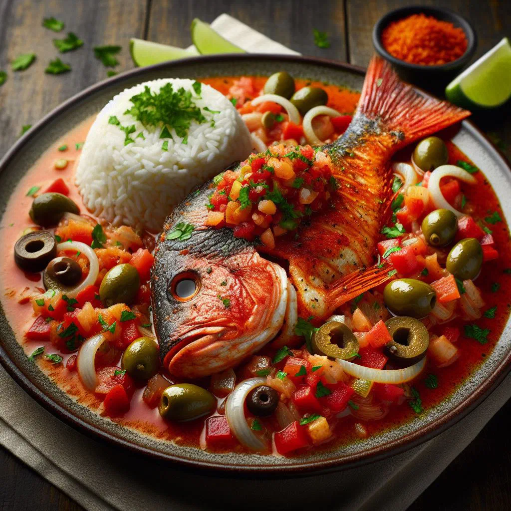 Whole red snapper baked in a tomato, olive and caper sauce, garnished with lime