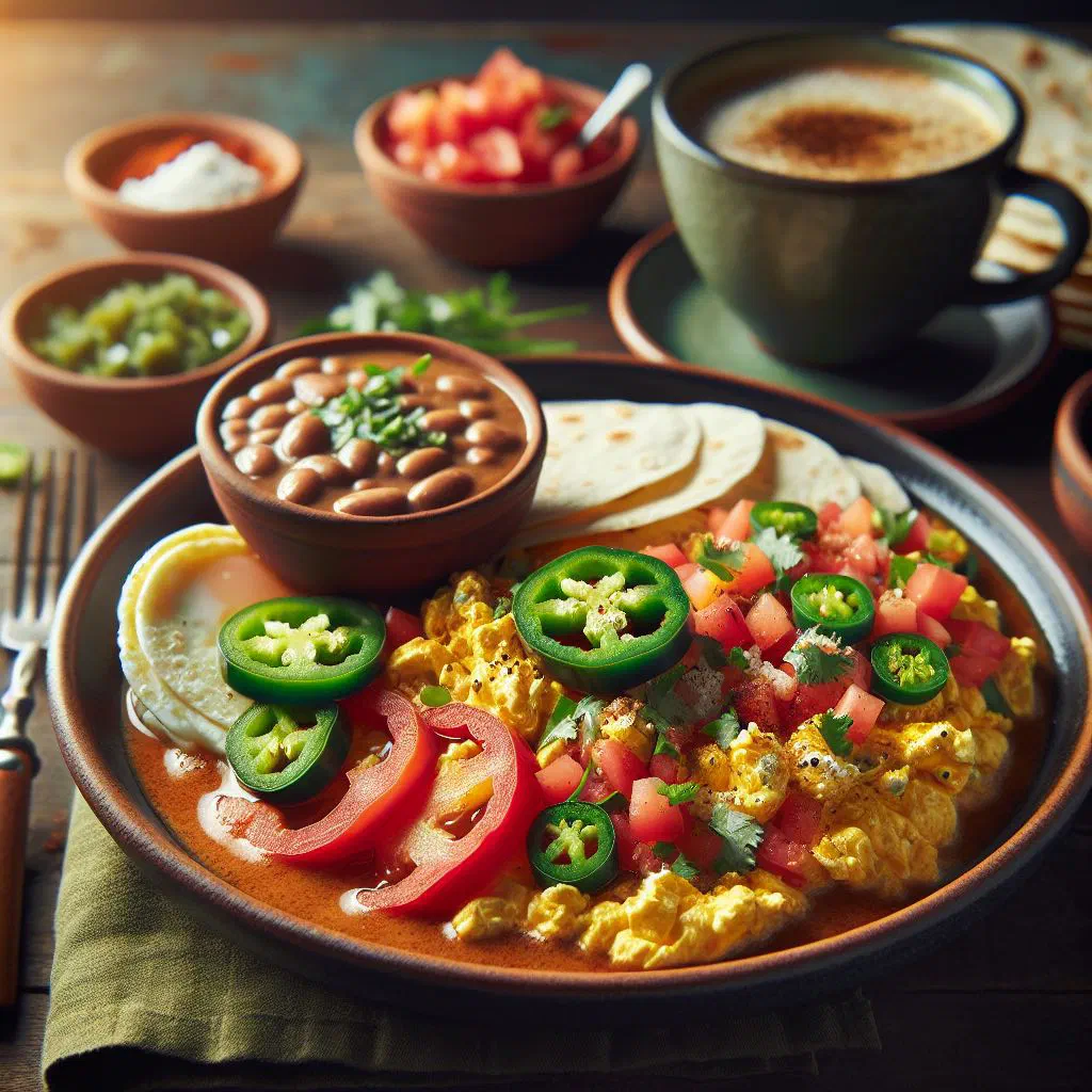 Huevos a la Mexicana with scrambled eggs, tomatoes, onions and green chillies
