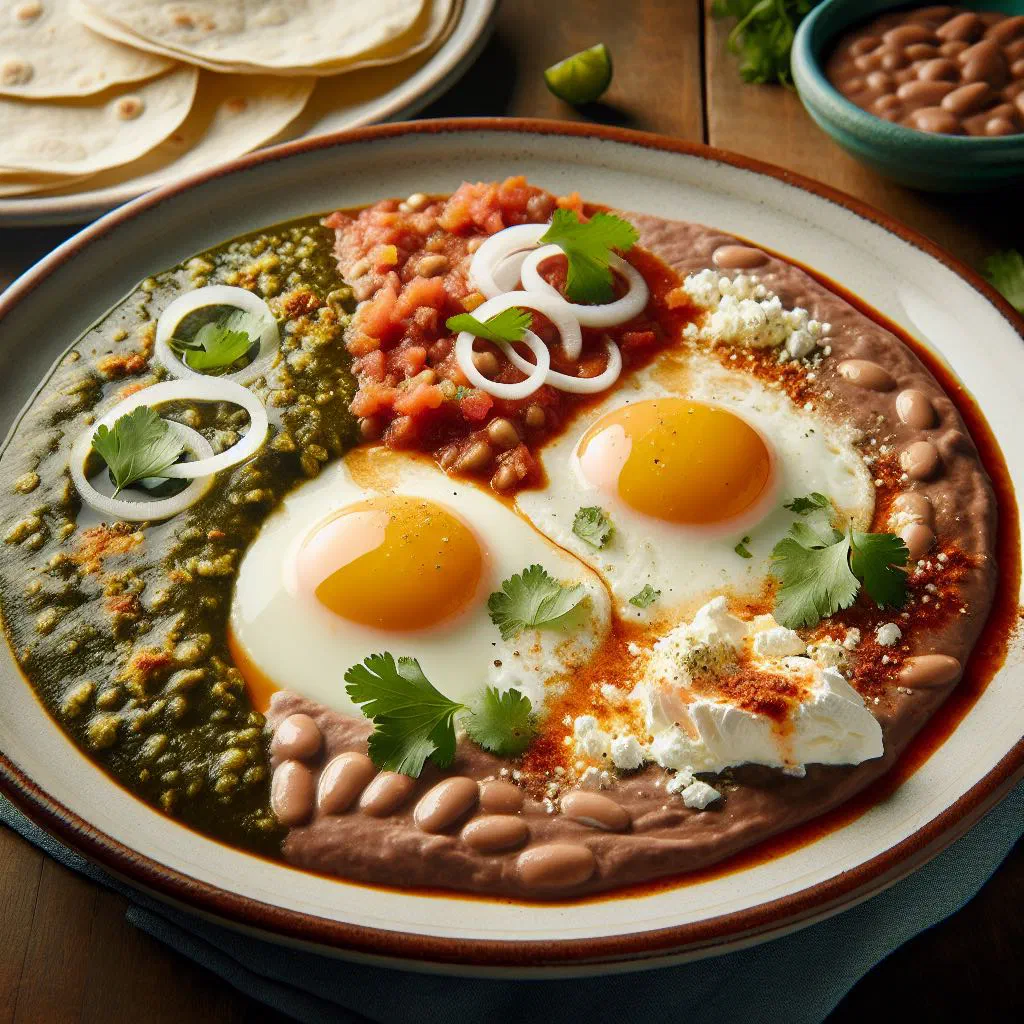 Huevos divorciados with poached eggs on tortillas topped with red and green salsa