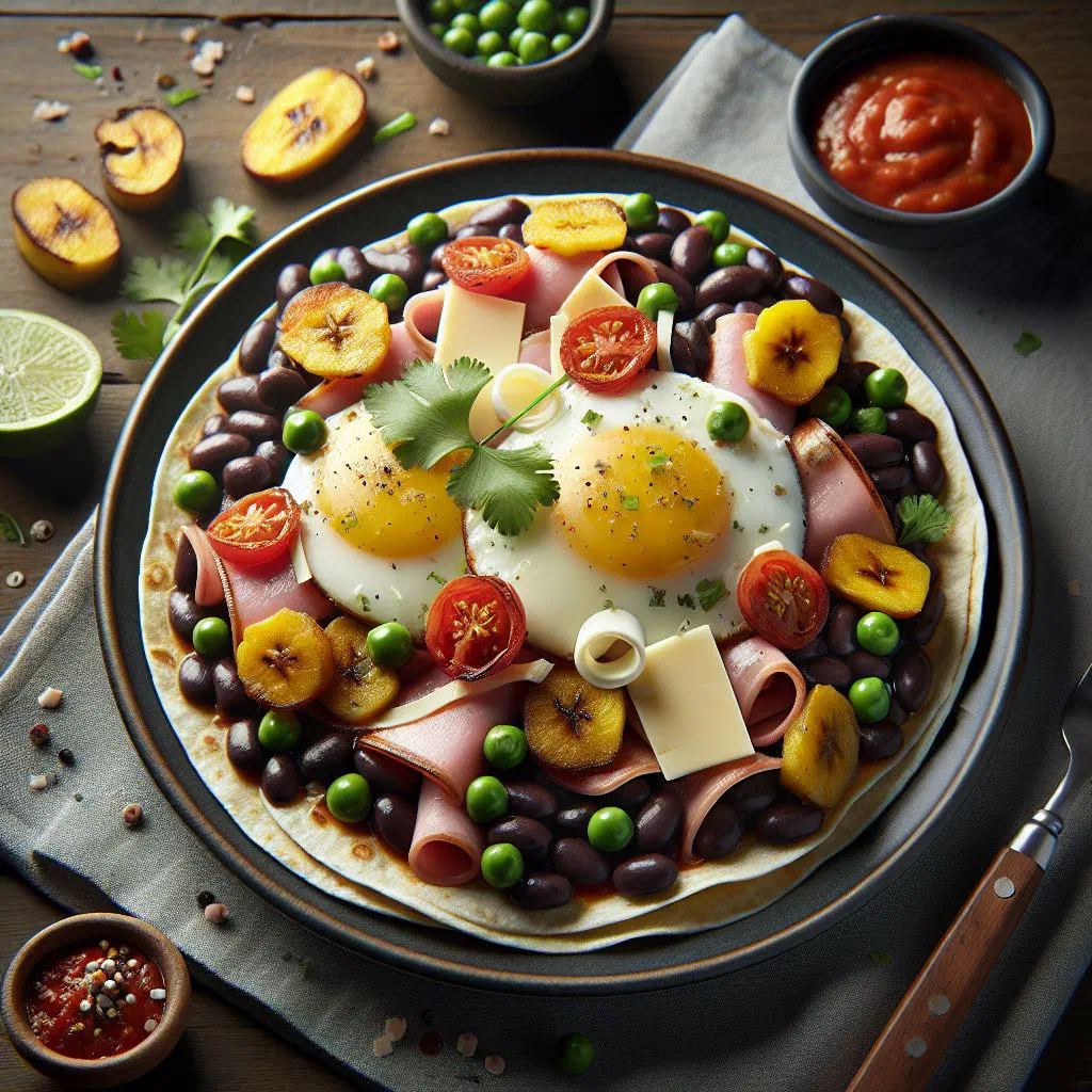 Huevos Motuleños with fried eggs, black beans and tomato sauce on tortillas