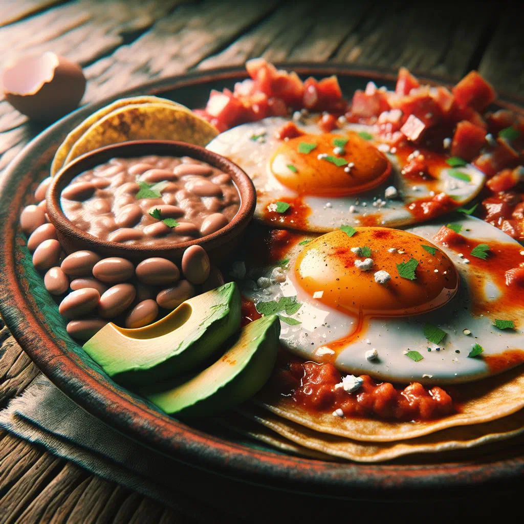 Huevos rancheros with fried eggs on tortillas, fresh salsa and avocado