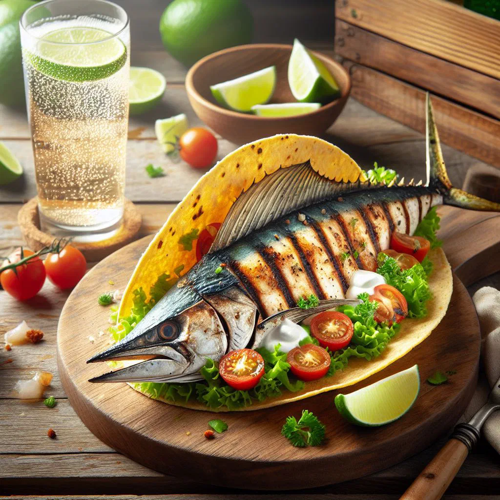 Smoked marlin tacos on corn tortillas with avocado, onion and lime