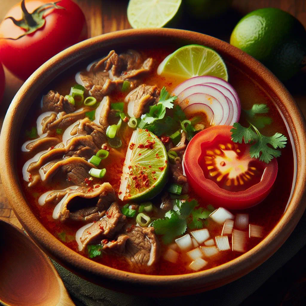A steaming bowl of menudo garnished with fresh coriander and lime