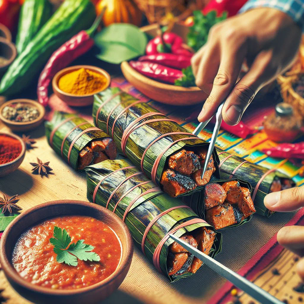 Steamed mixiotes parcels of marinated meat wrapped in agave leaves