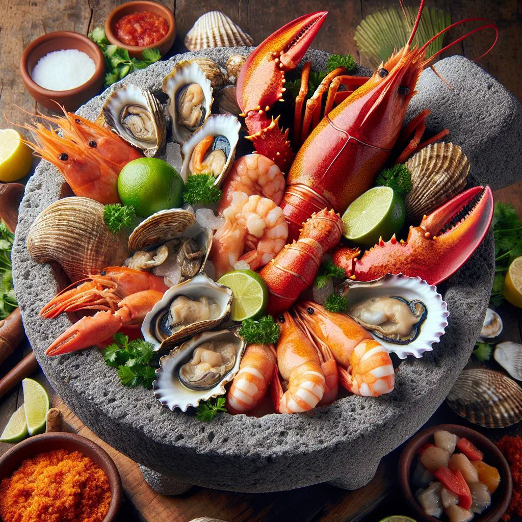 Molcajete de mariscos with prawns, mussels and fish in spiced tomato sauce