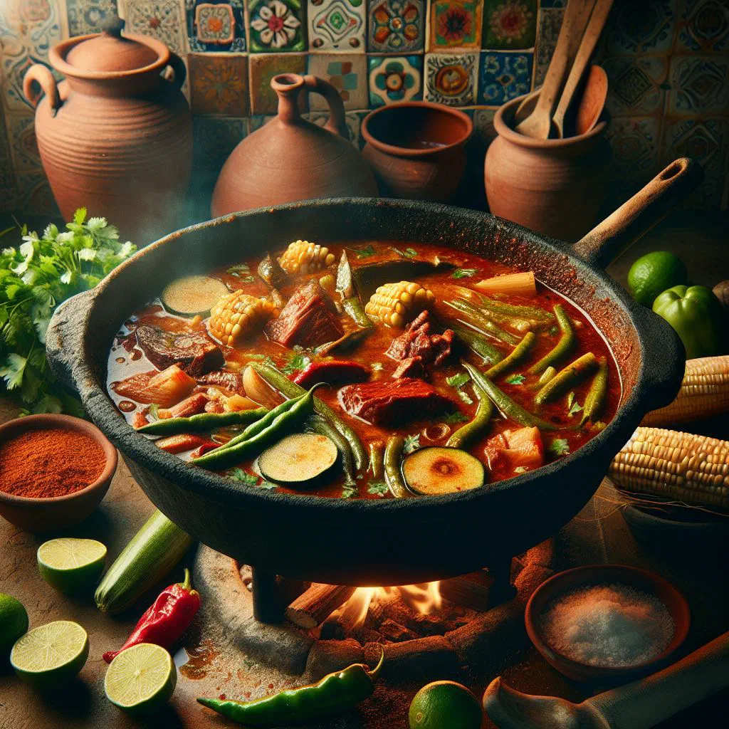 A bowl of mole de olla beef and vegetable stew garnished with coriander and lime