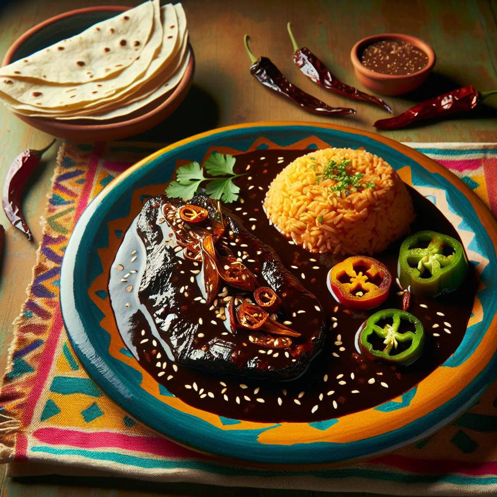 Chicken coated in a glossy dark mole negro sauce, garnished with sesame seeds