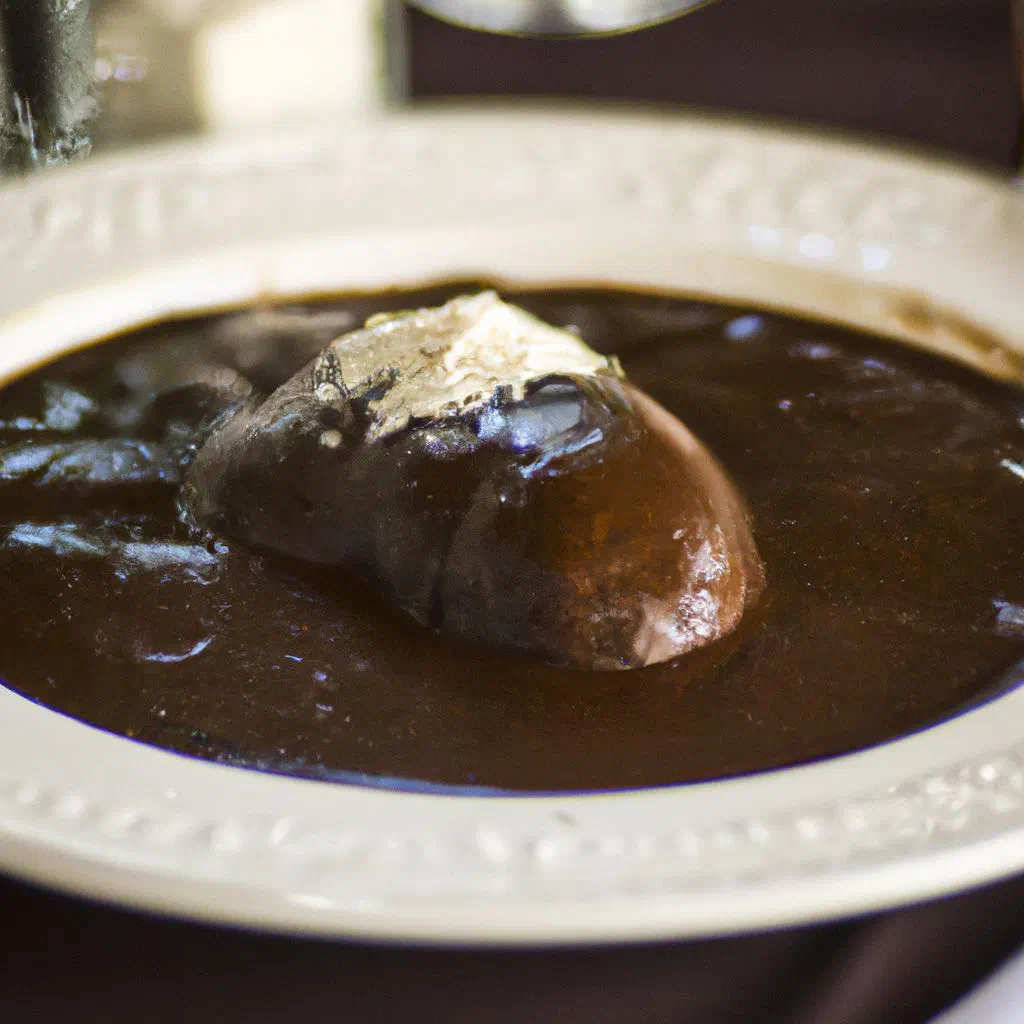 Chicken in a rich, dark mole poblano sauce garnished with toasted sesame seeds