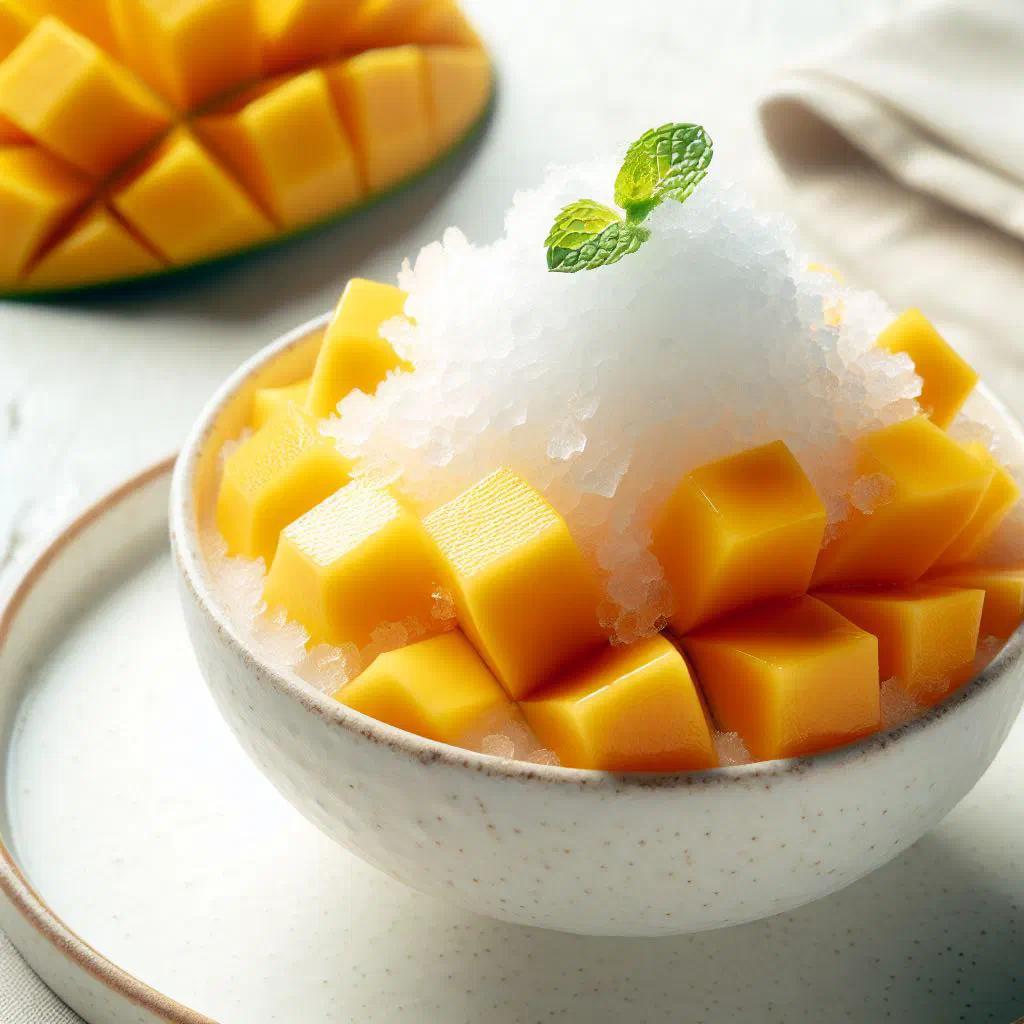 Bright orange mango sorbet served in a glass with fresh mint