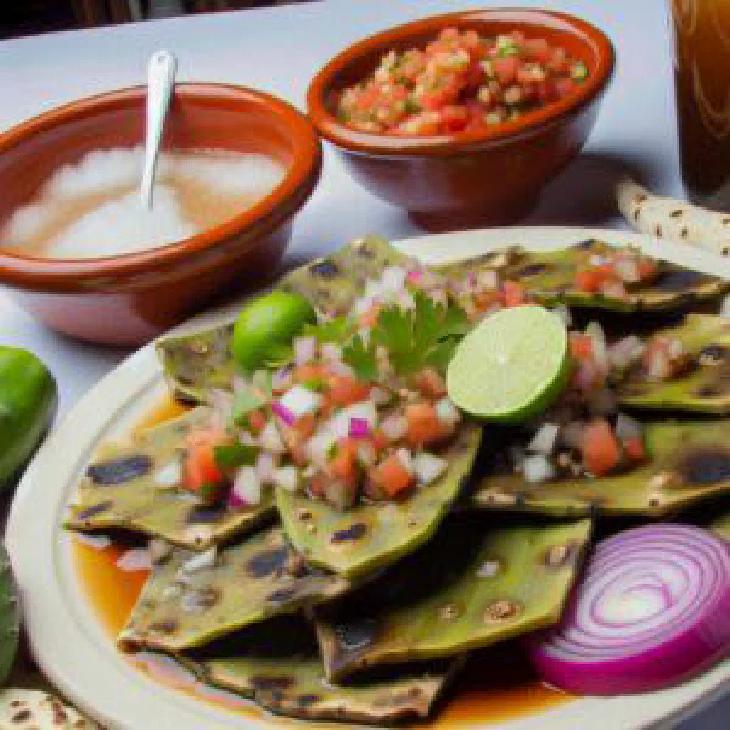 Cooked nopales strips tossed with tomato, onion and fresh coriander