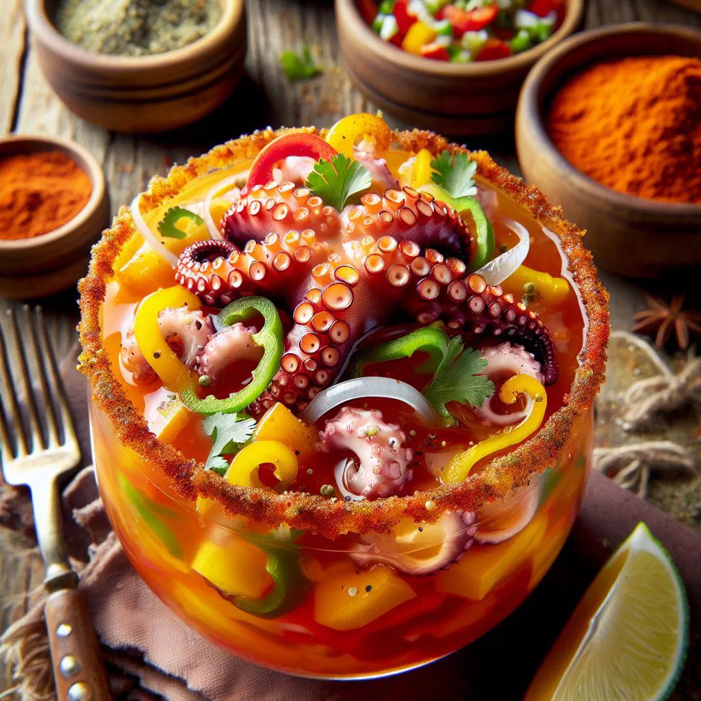 Mexican octopus cocktail with tomato, onion, coriander and lime in a glass