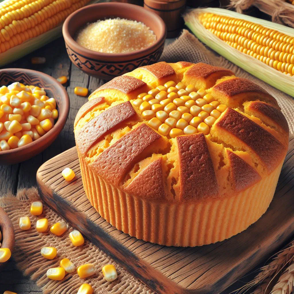 Golden slice of pan de elote, a moist Mexican sweetcorn bread