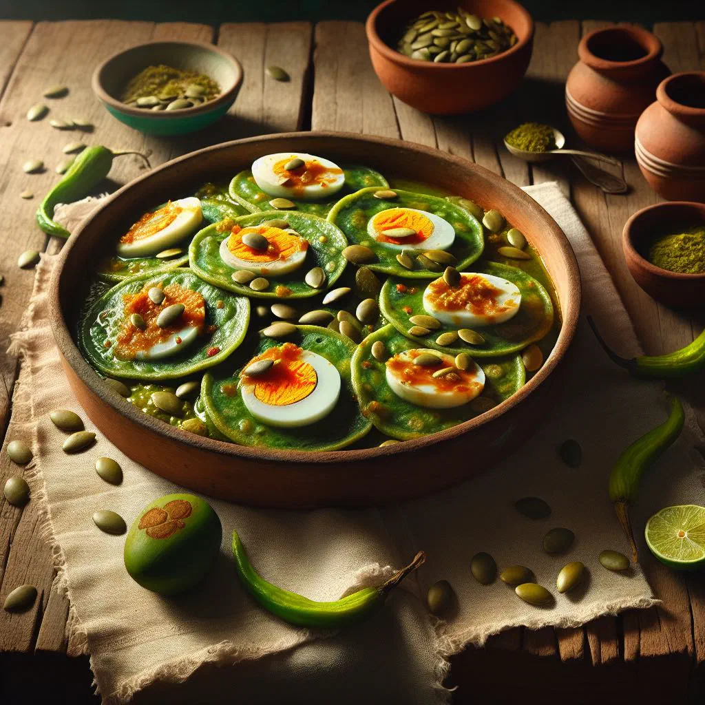 Rolled corn tortillas topped with green pumpkin seed sauce and chopped coriander