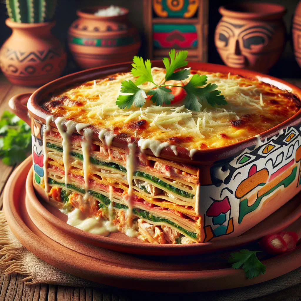 Layered pastel azteca bake topped with golden melted cheese and fresh coriander