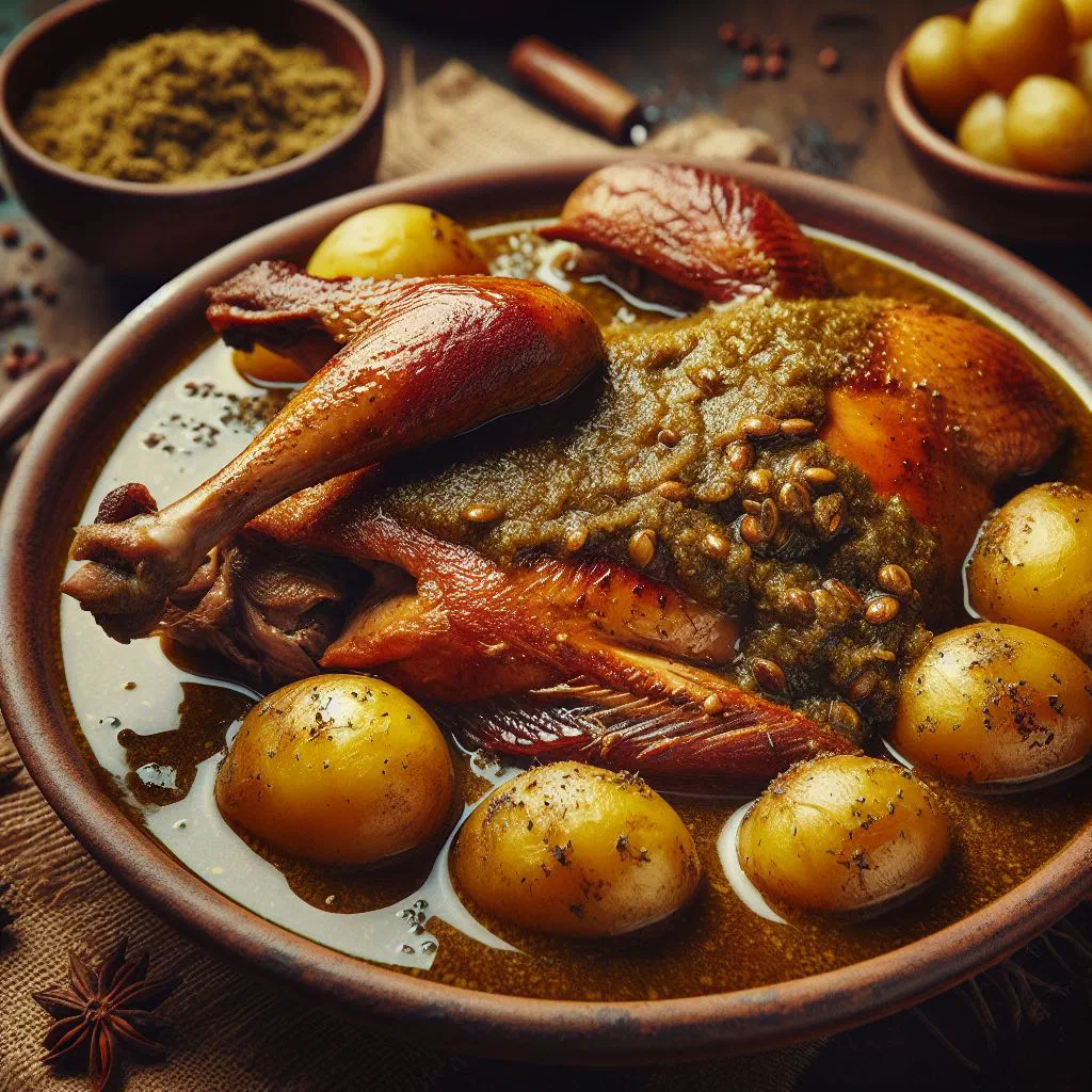 Duck pieces in a green pumpkin-seed pipián sauce, garnished with fresh coriander