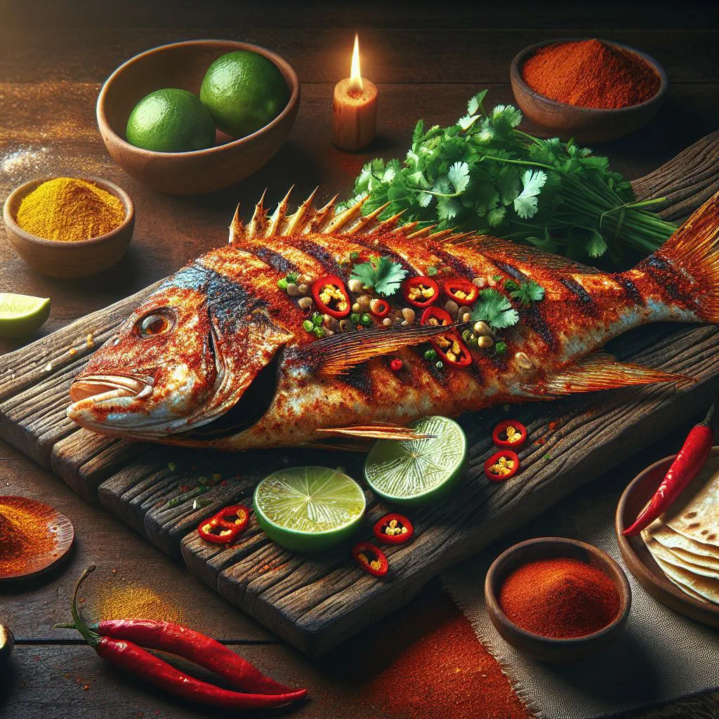 Grilled whole fish butterflied and coated in a red chilli marinade with lime wedges
