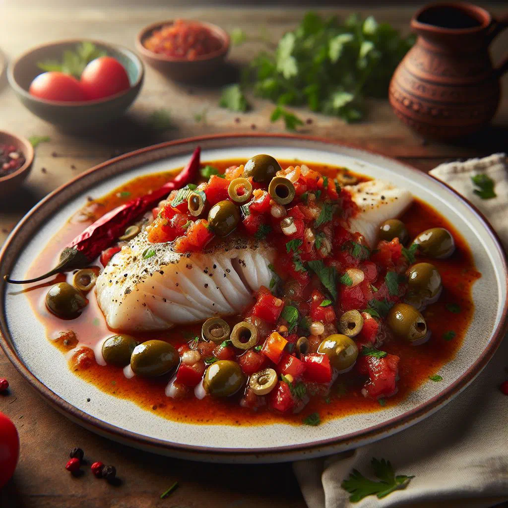 Whole fish in a rich tomato sauce with olives and capers, garnished with coriander