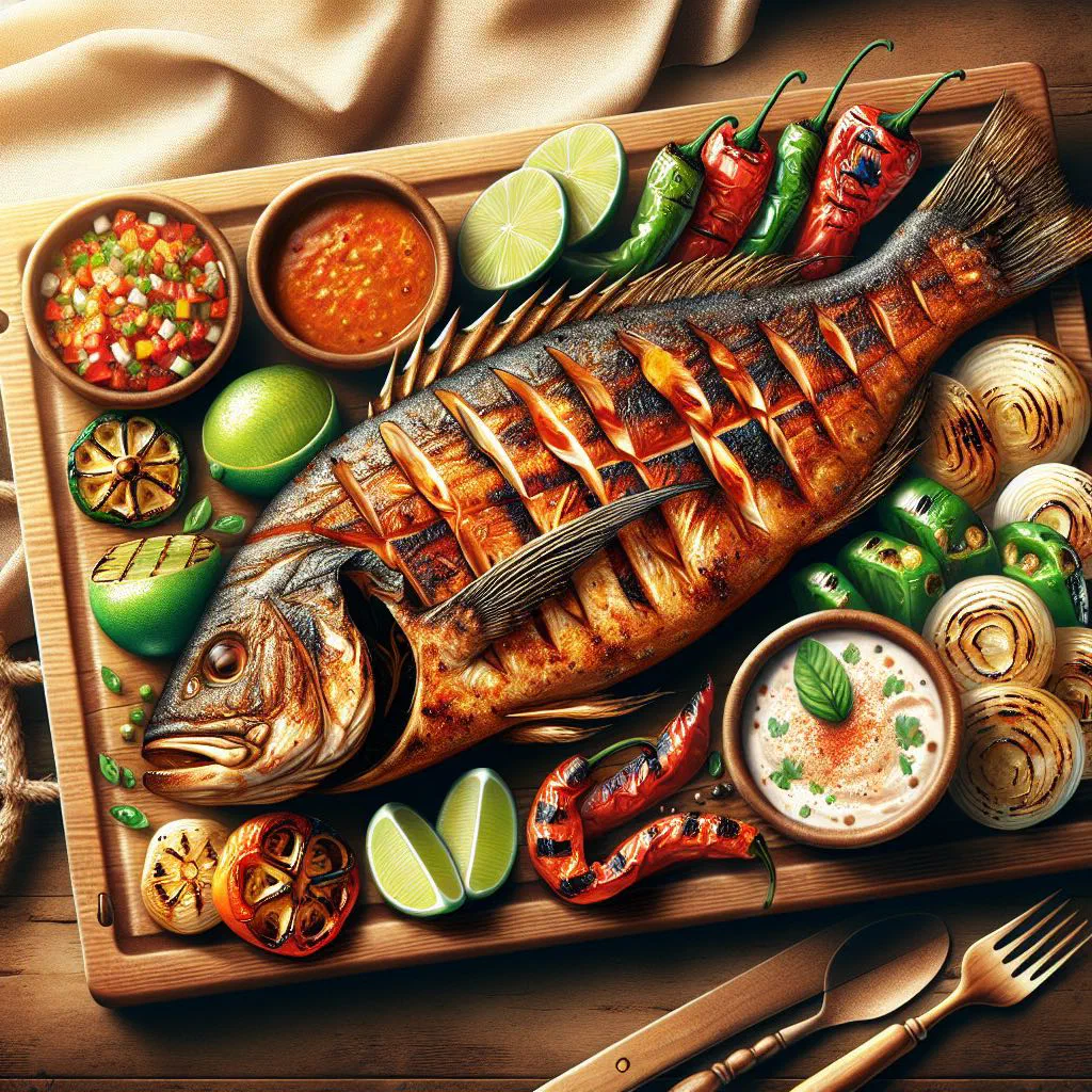 Grilled whole fish marinated and charred over an open flame, garnished with lime and coriander