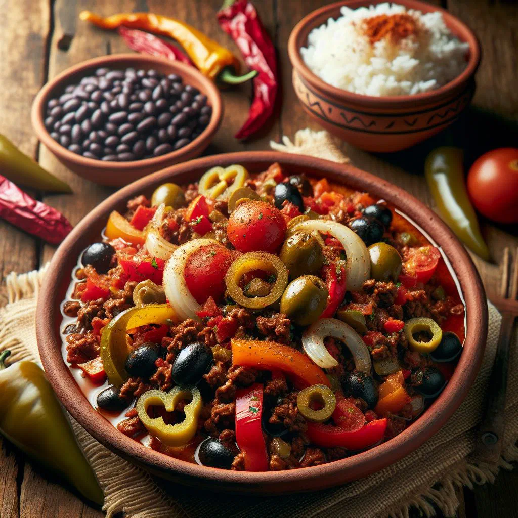 Mexican picadillo with minced beef, olives and raisins served with rice