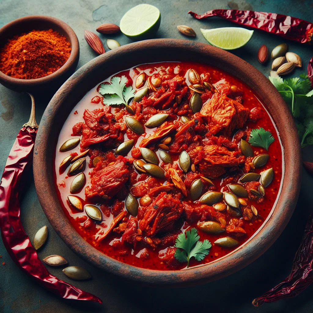 Pipián rojo, a rich red Mexican sauce garnished with fresh coriander