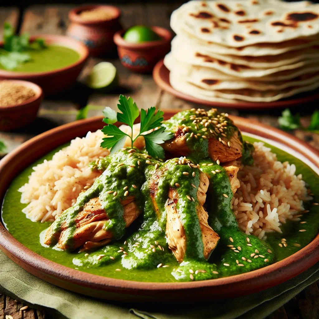 A bowl of creamy green pipián verde sauce garnished with coriander