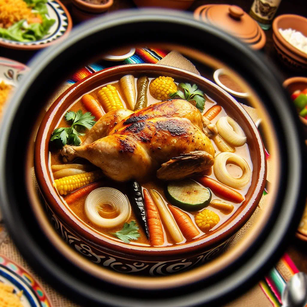 Braised chicken in a rich tomato and pepper sauce, garnished with fresh herbs