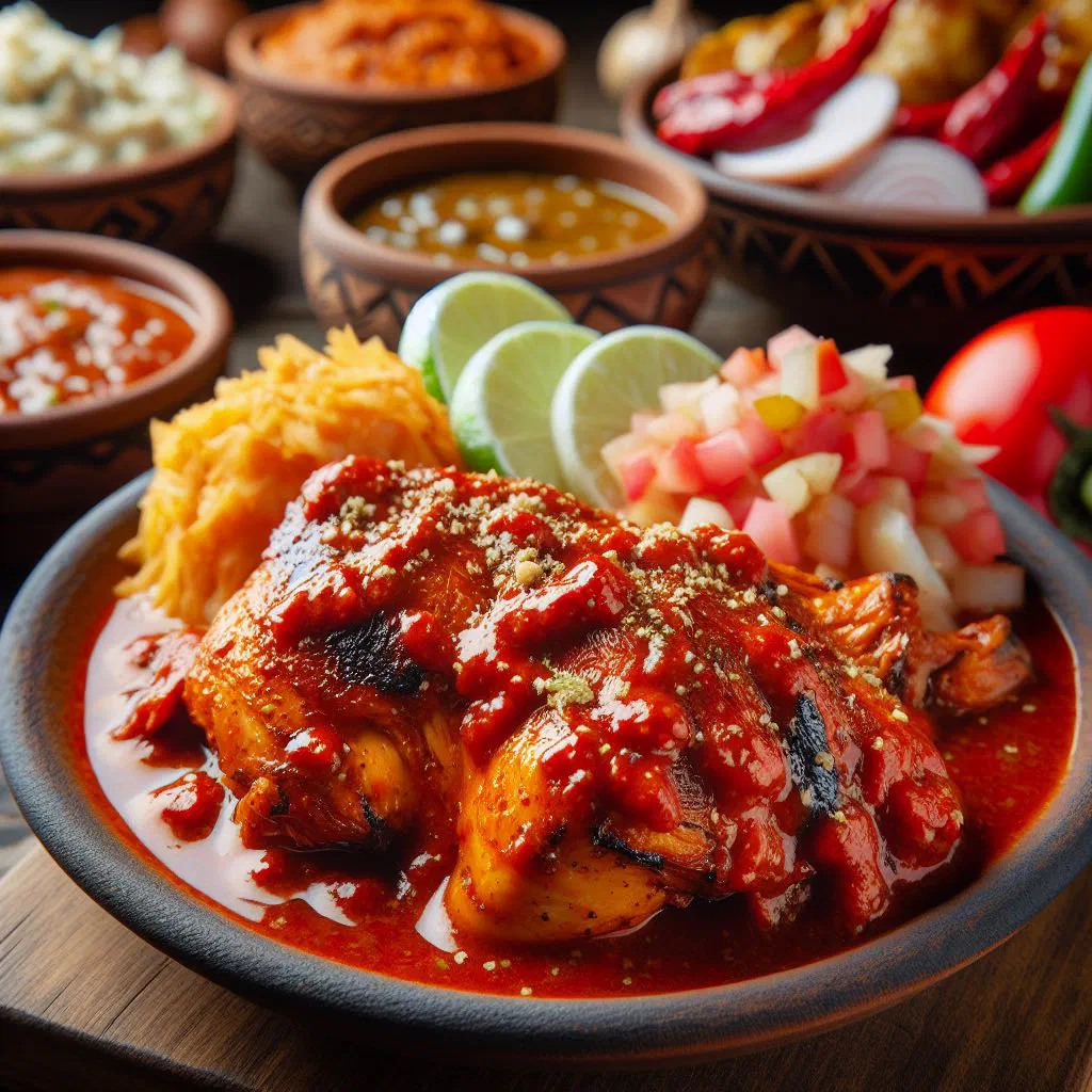 Grilled pollo adobado chicken with a smoky red chilli marinade and lime wedges