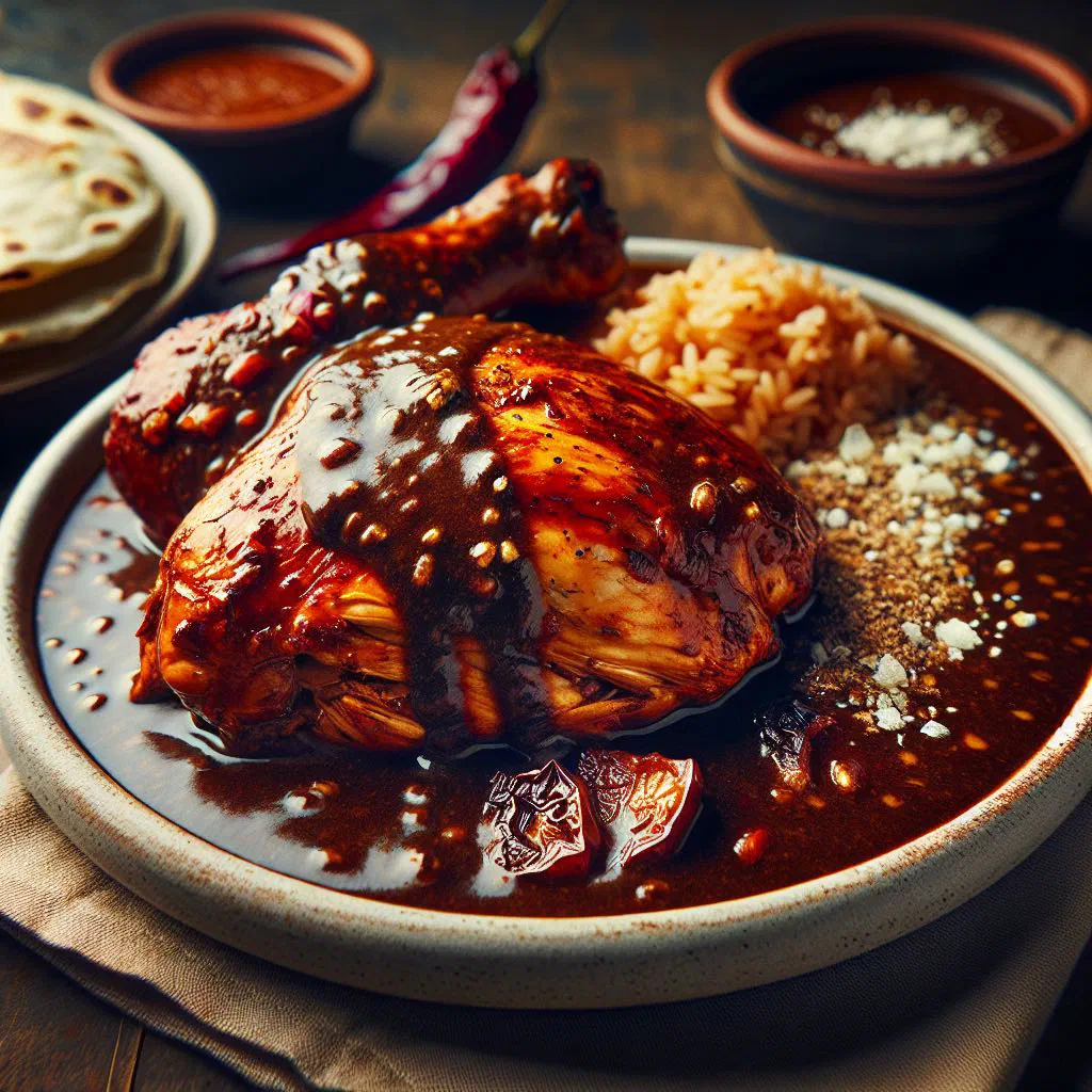Chicken in dark mole poblano sauce sprinkled with sesame seeds