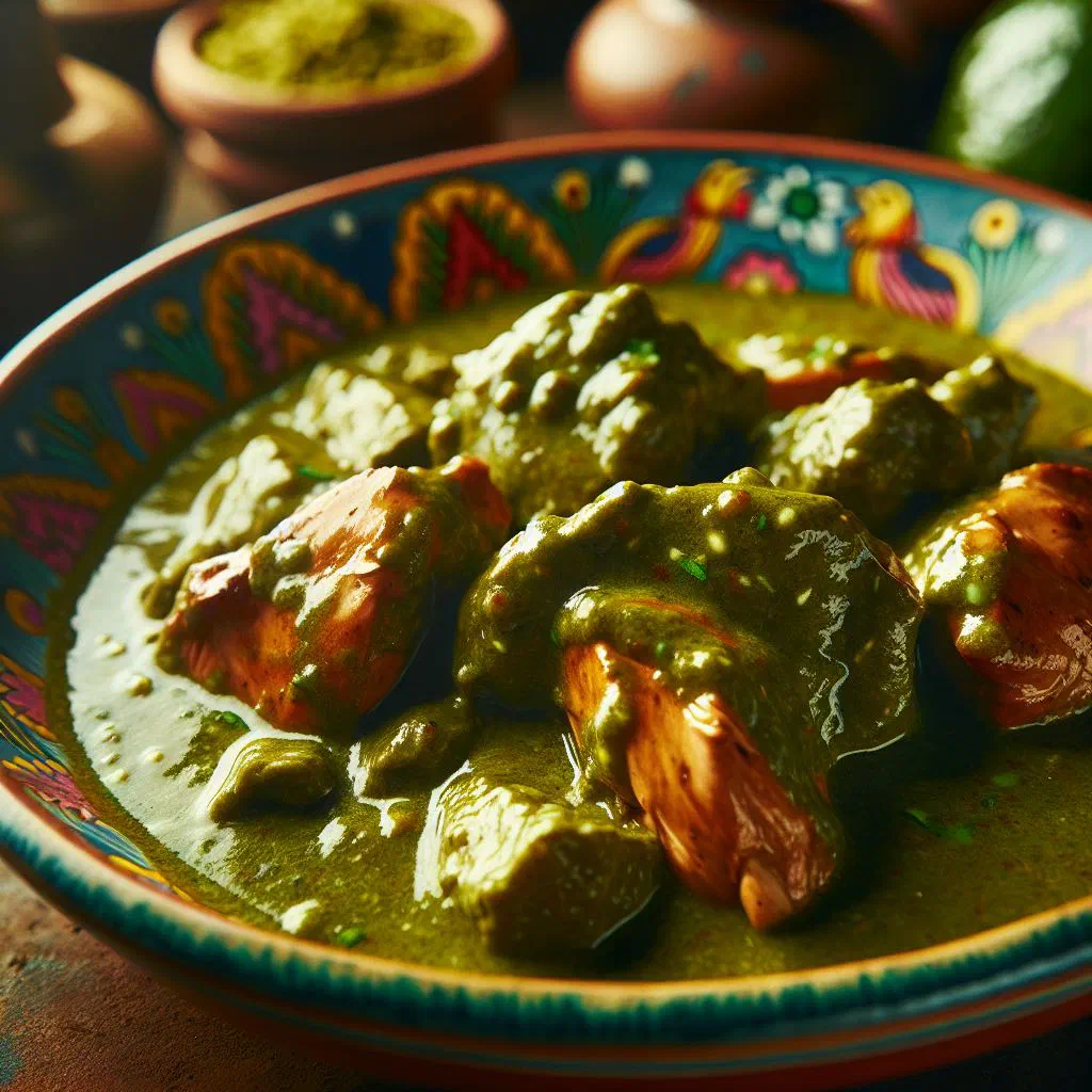 Tender chicken in a vibrant green mole sauce garnished with fresh coriander