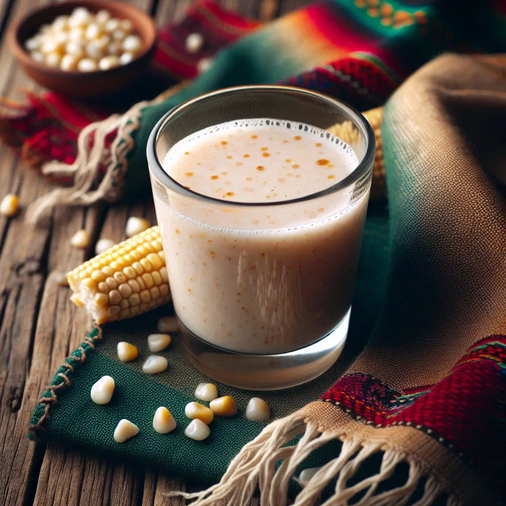 A glass of pozol, a traditional Mexican corn drink, served chilled with cocoa