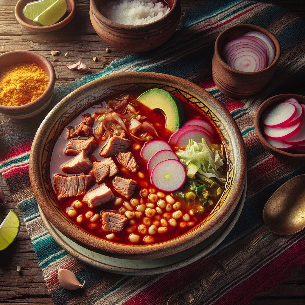 A steaming bowl of red pozole rojo topped with radishes, lettuce and lime