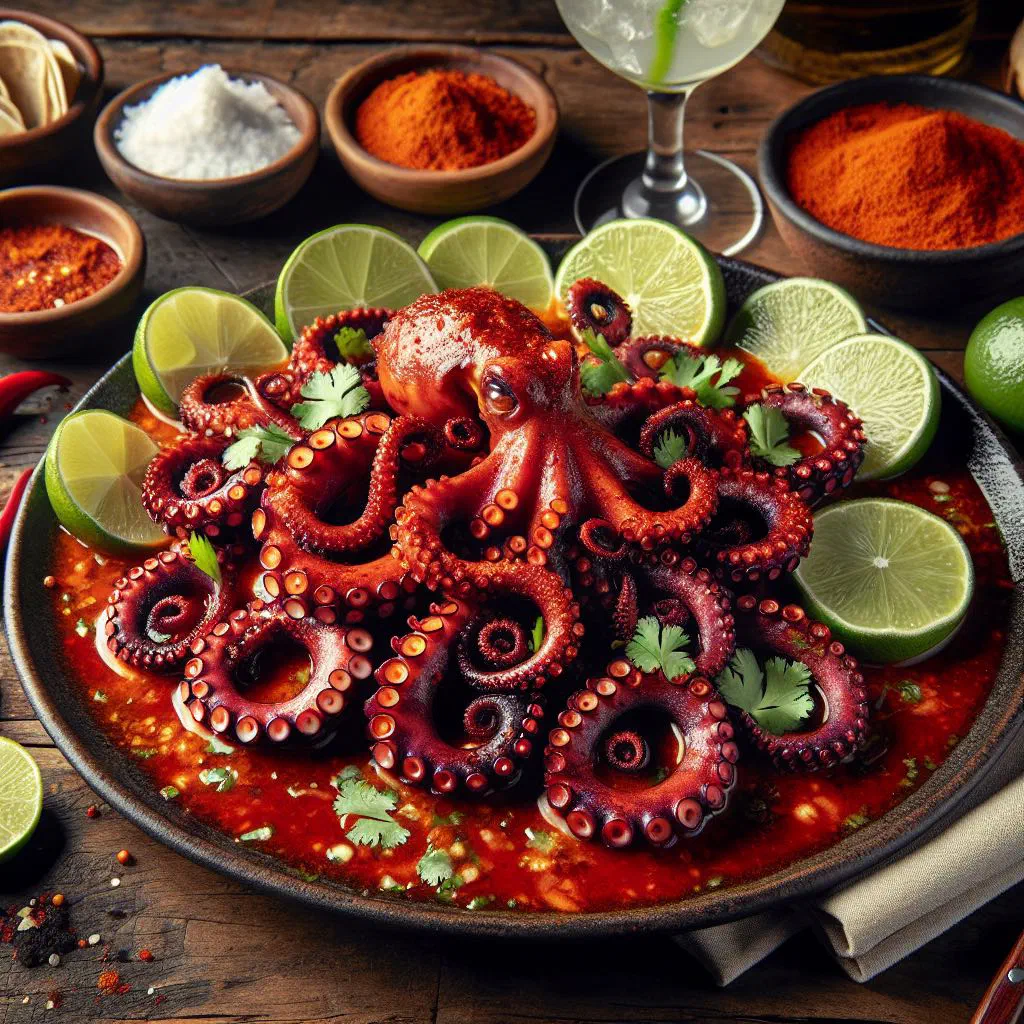 Tender octopus in a fiery red chilli salsa garnished with fresh coriander