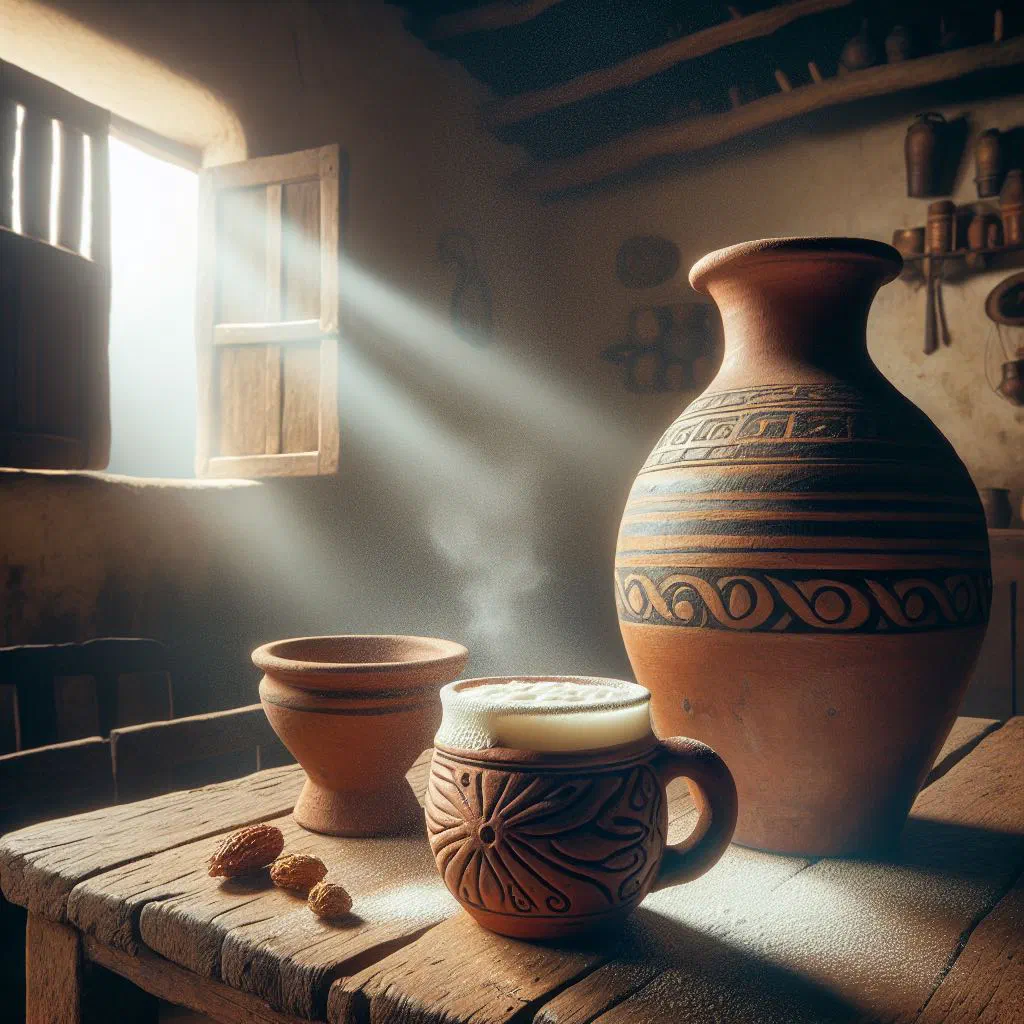 A glass of milky, lightly frothy pulque served chilled