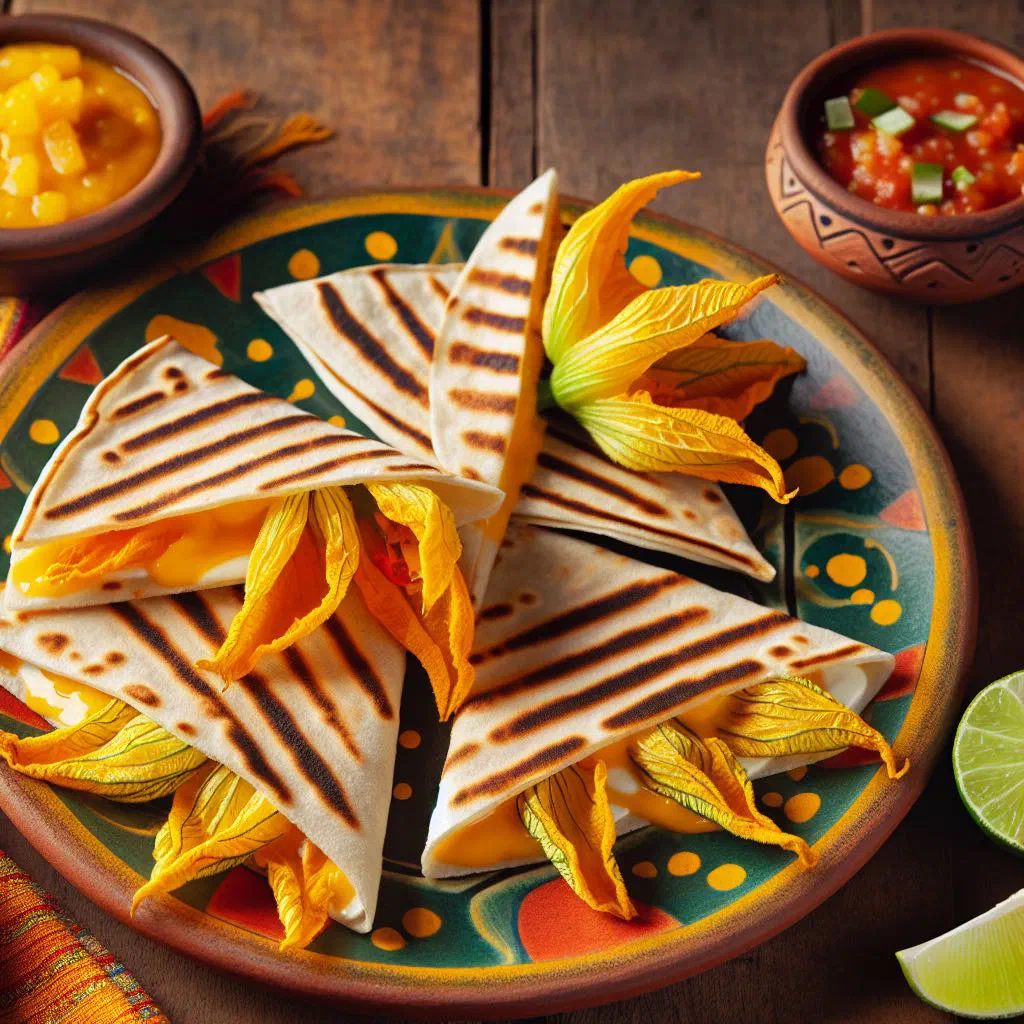 Folded squash blossom quesadillas with melted cheese on a plate