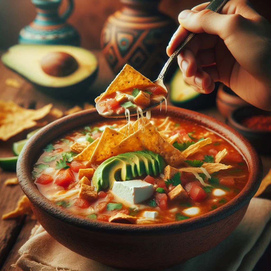 Bowl of sopa azteca topped with crispy tortilla strips, avocado and coriander