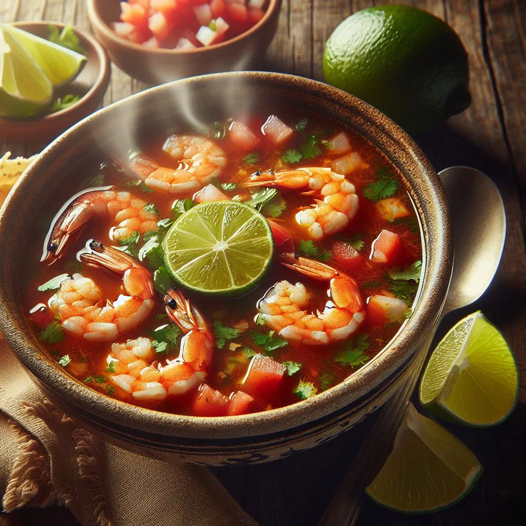 Bowl of Mexican sopa de camarón prawn soup with coriander and lime