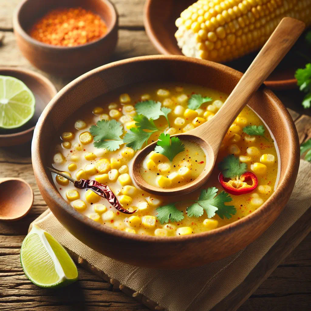 Creamy Mexican sweetcorn soup garnished with fresh herbs and a wedge of lime