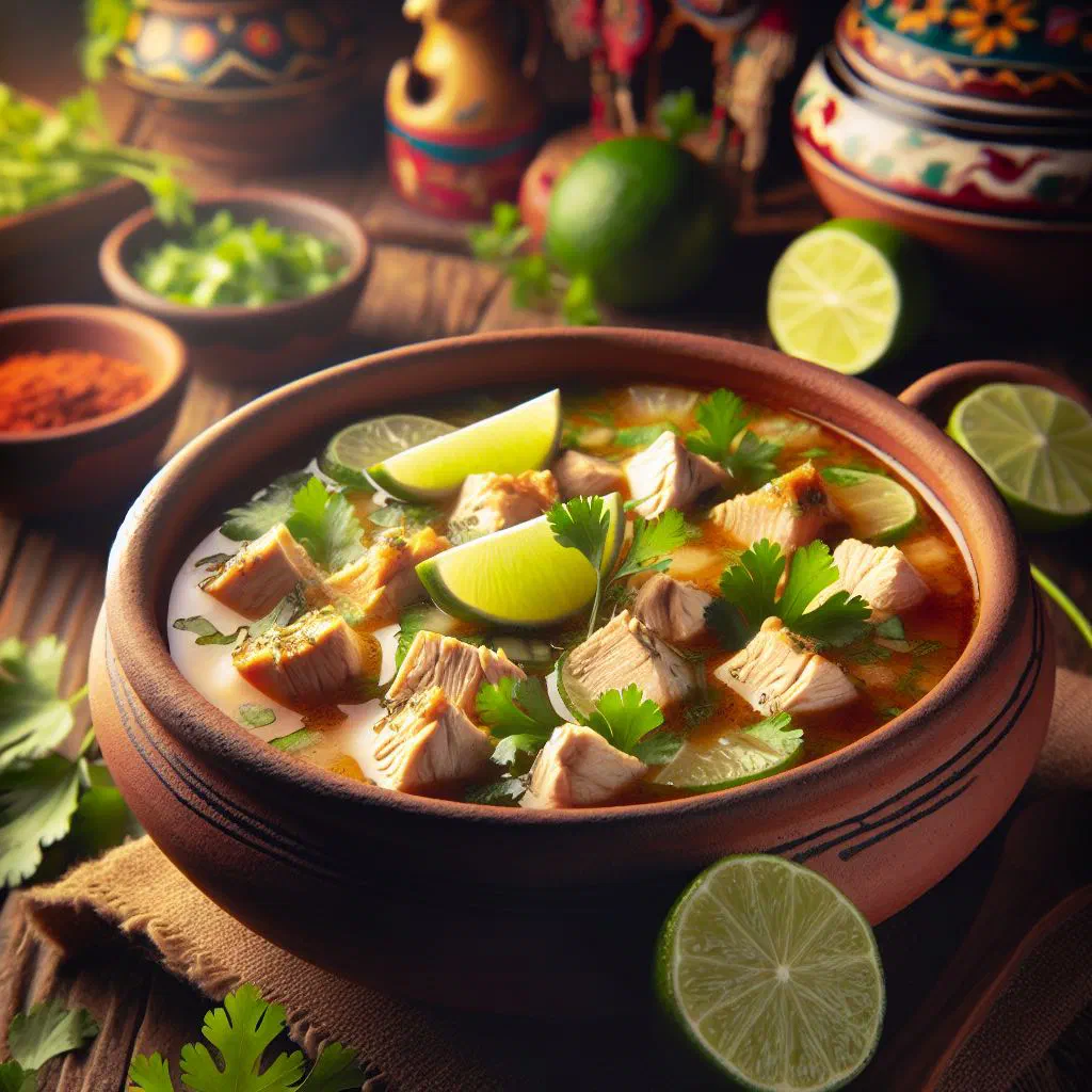 Bowl of sopa de lima with chicken, lime slices and crispy tortilla strips