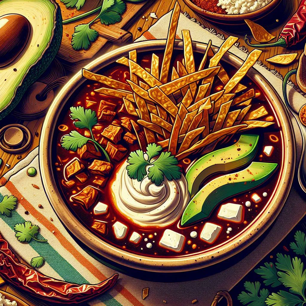 A bowl of sopa tarasca topped with crispy tortilla strips, cheese and fresh coriander