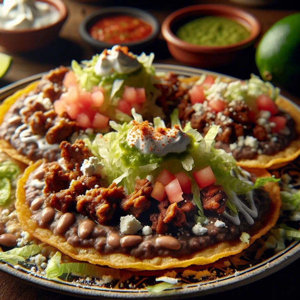 Mexican sopes de carne topped with shredded beef, black beans, avocado and coriander