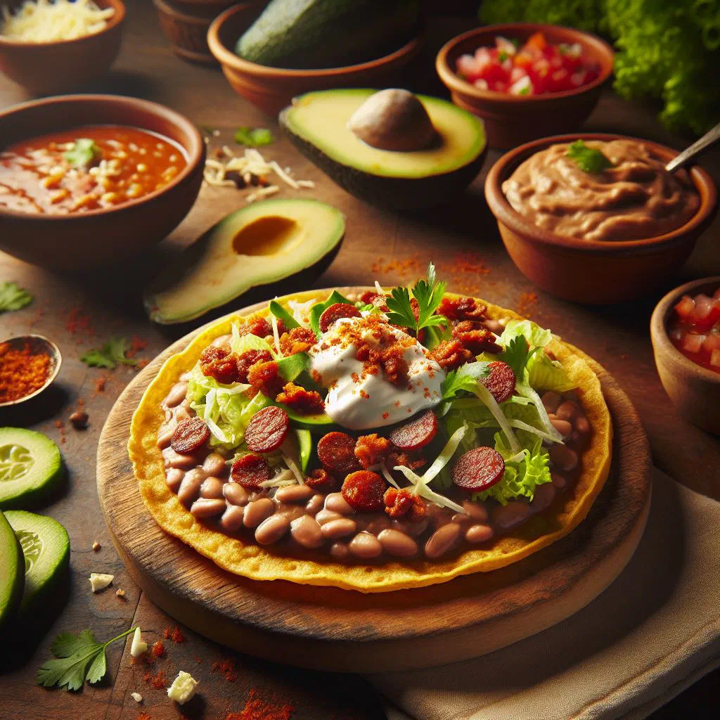 Sopes de chorizo topped with onion, tomato and crumbled cheese