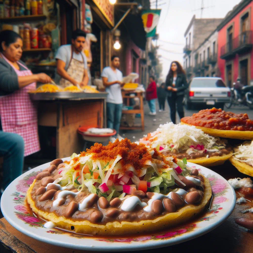 Mexican sopes topped with refried beans, cheese, onion and salsa