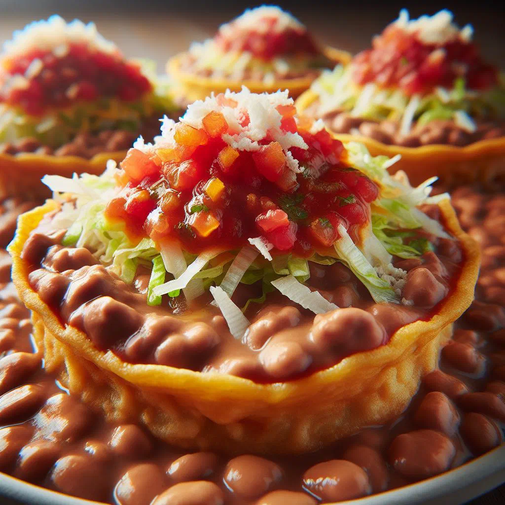 Crispy corn tortillas topped with beans, beef and fresh coriander