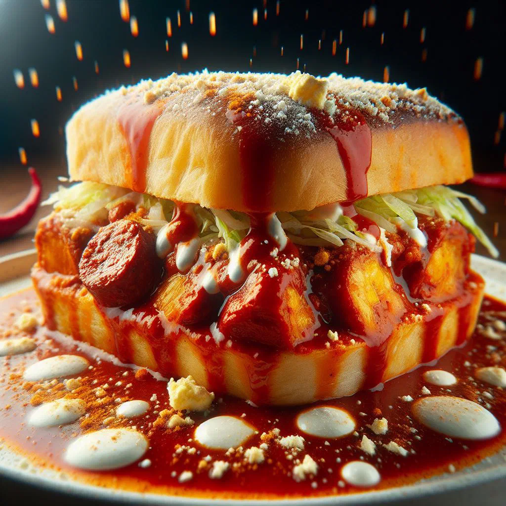 Stuffed pambazos dipped in red chilli sauce and pan-fried golden, filled with potato and chorizo