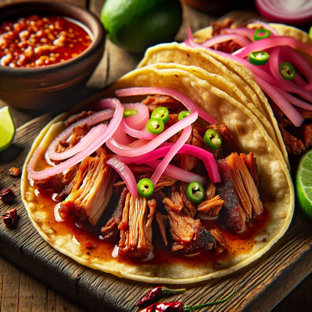 Tacos de cochinita with shredded pork, pickled red onions and coriander on soft tortillas