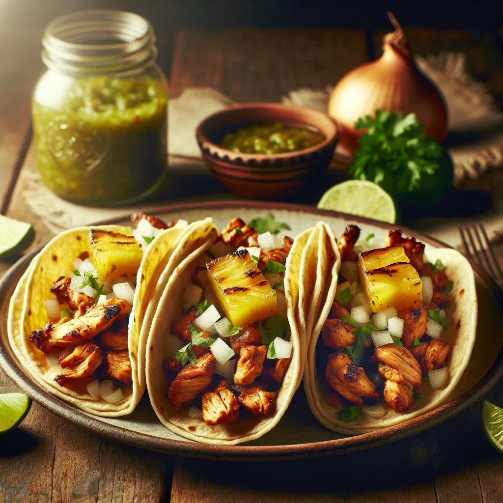 Tacos de pollo al pastor topped with pineapple, onion and coriander
