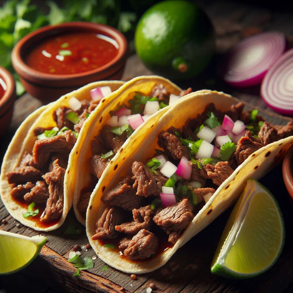 Tacos de suadero on corn tortillas topped with onion, coriander and lime