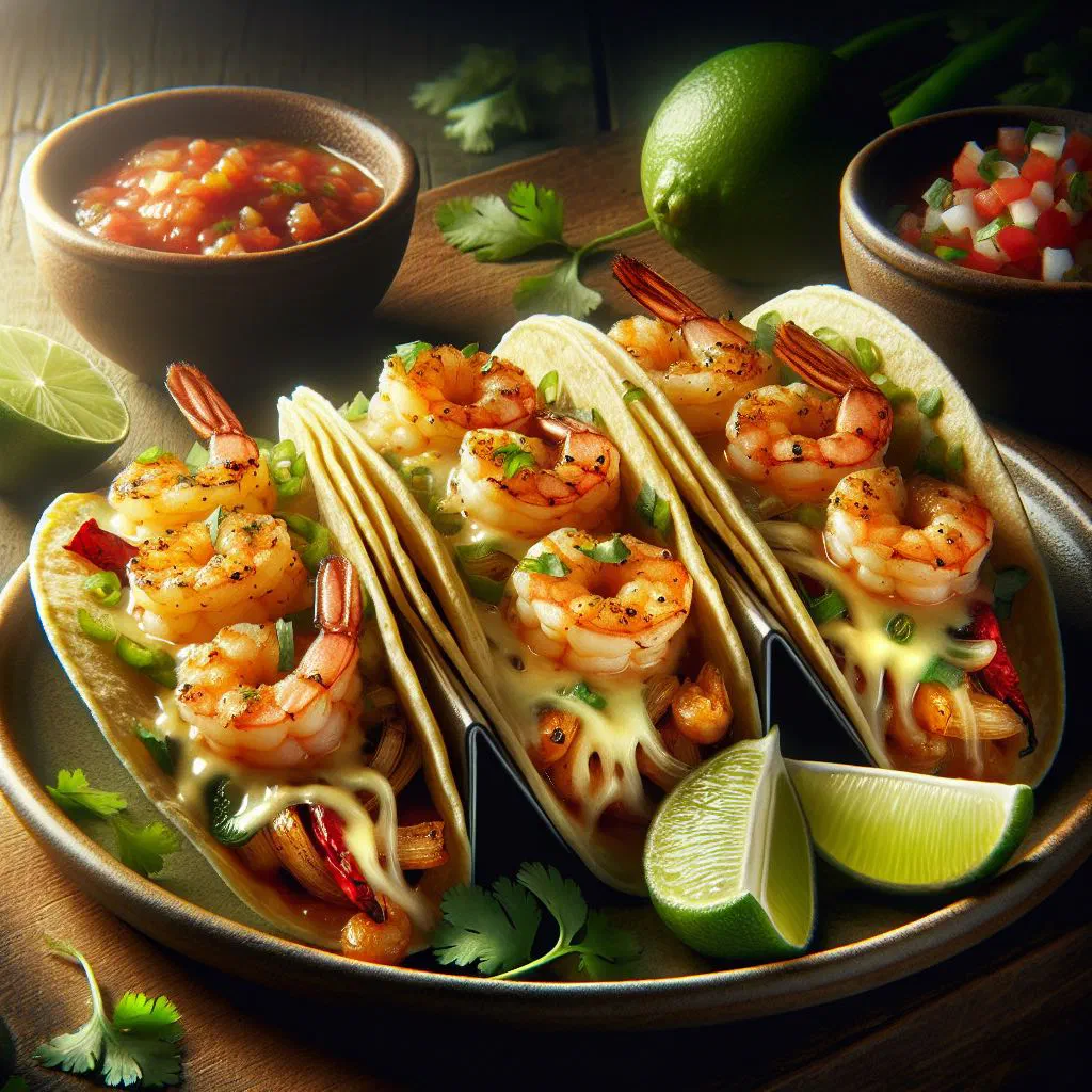 Cheesy prawn tacos gobernador with avocado and lime wedges