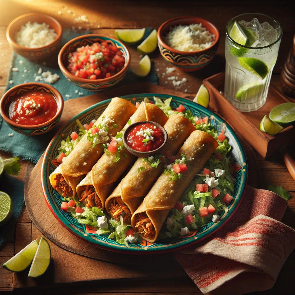 Crispy fried taquitos dorados served with guacamole and salsa