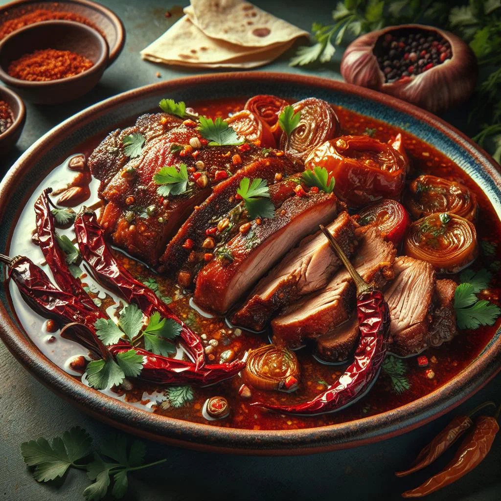 Tatemado of tender chilli-marinated meat served with warm tortillas